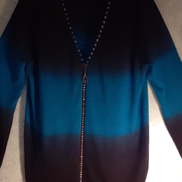 Teal Brown Sweater Top Gradient Rhinestone Zip Regency Core  BELLIDINI Size 1x - Picture 7 of 9